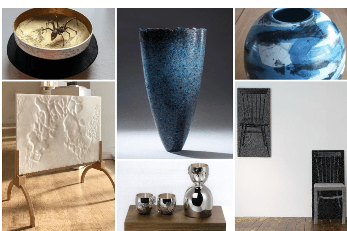six craft and sculpture artworks which are blue, white and grey&nbsp;