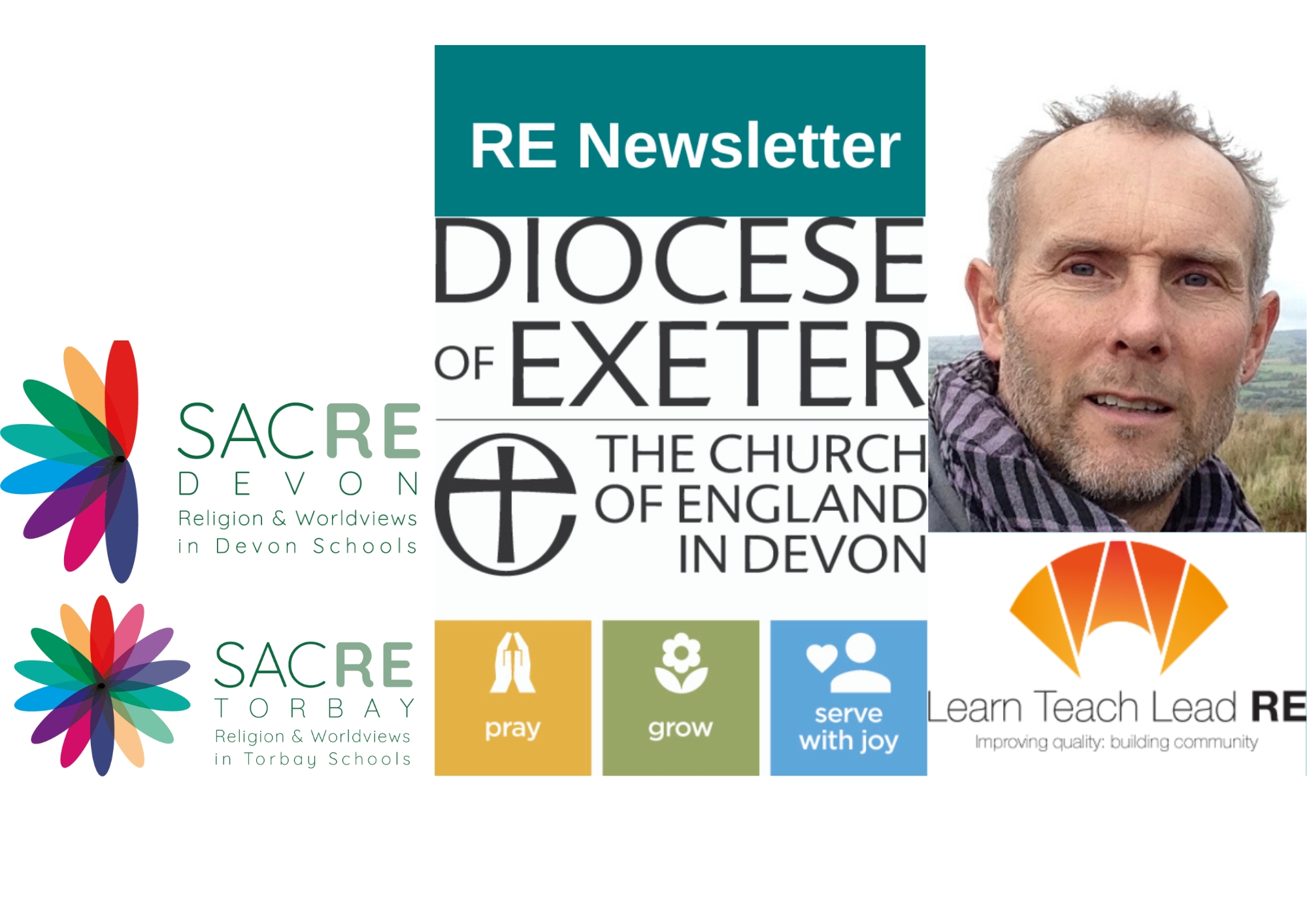 Photo of Ed Pawson, LTLRE logo, Diocese of Exeter logo, SACRE Devon and SACRE Torbay logos