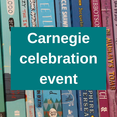 Words Carnegie celebration event with book spines in the background