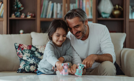 Dad and daughter sat on the sofa playing with her toys together