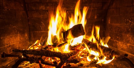 Image shows an open fire with burning logs