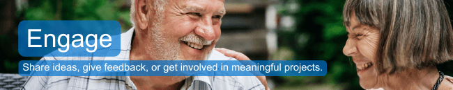 Two customers enjoy a shared joke. Text over the image says 'Engage: share ideas, give feedback, or get involved in meaningful projects'.