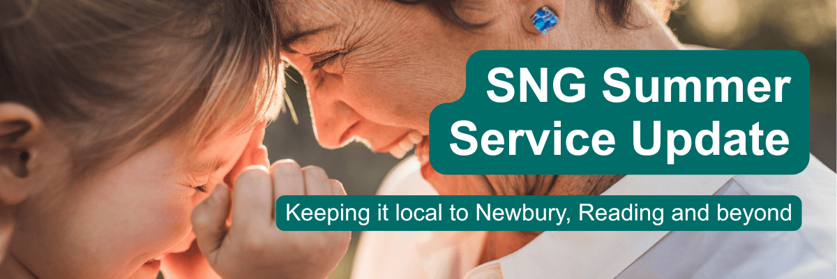 Older customer having fun with a young grandchild. Text overlay says SNG Summer Service Update. Keeping it local to Newbury, Reading and beyond.