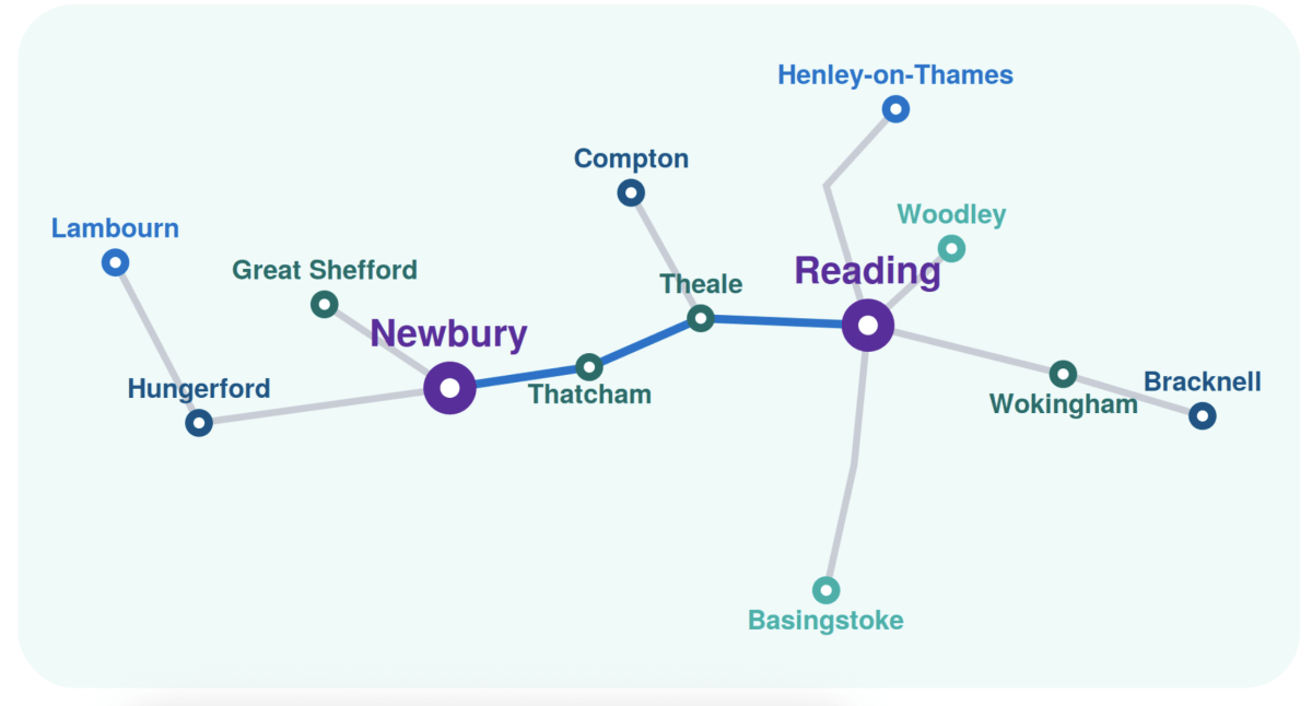 Map shows Newbury, Reading and the surrounding towns and areas 