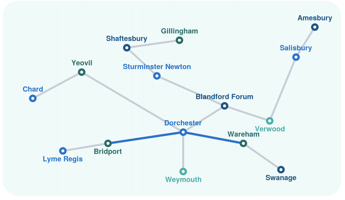 Map showing Dorchester and the surrounding towns and areas beyond Map showing Dorchester and the surrounding towns and areas beyond