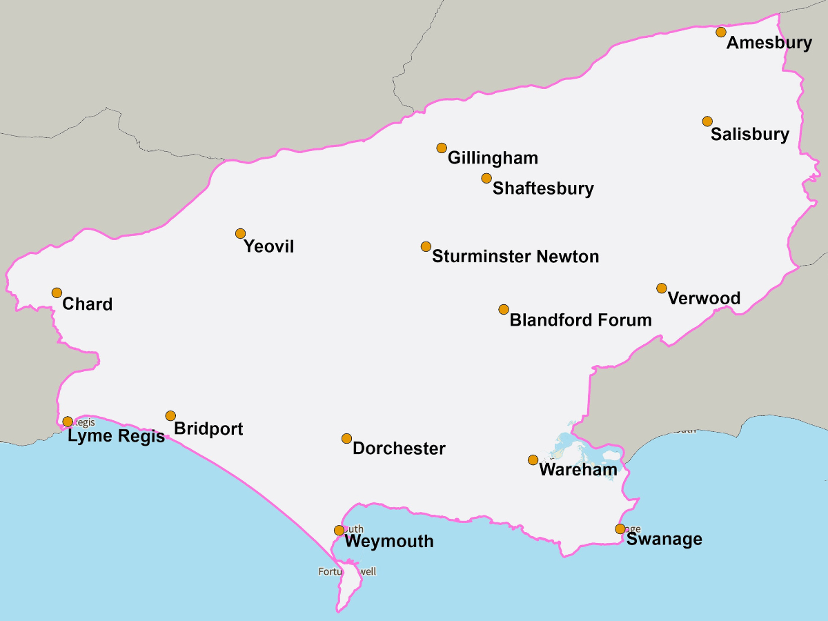 Map showing Dorset and the surrounding areas SNG operate in