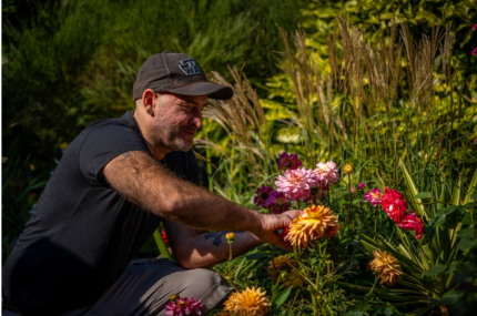 Man wearing a black cap is knelt down looking after his wildflowers as part of the SNG In Bloom gardening competition