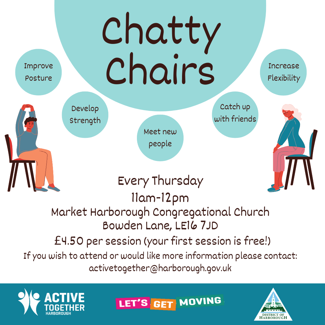 Chatty Chairs graphic with information on how to sign-up via activetogether@harborough.gov.uk