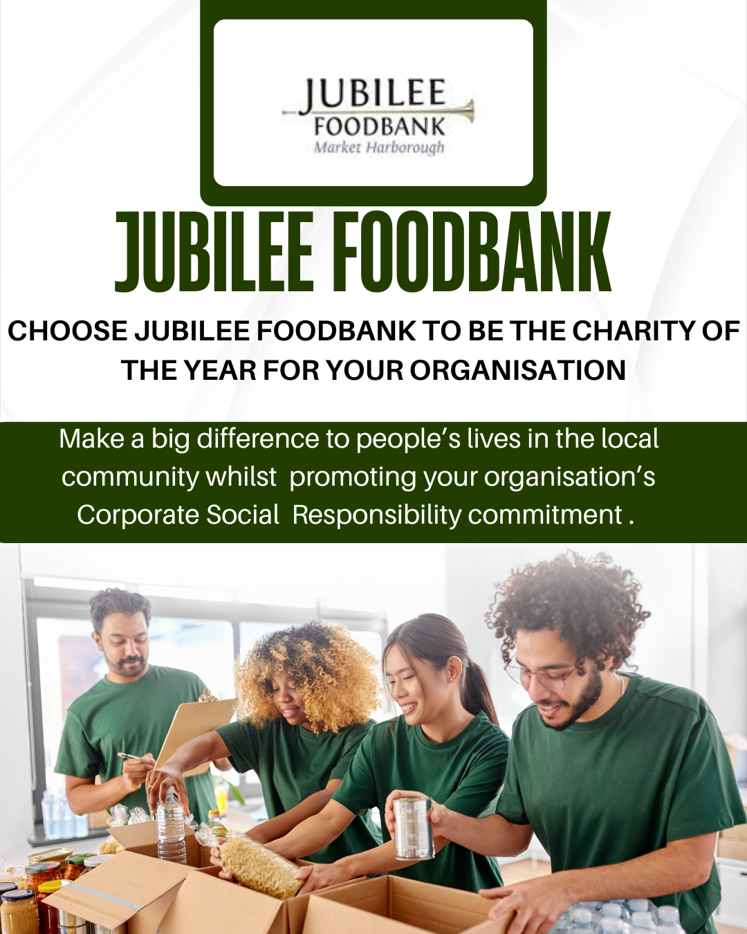 Flyer showing volunteers filling food parcels