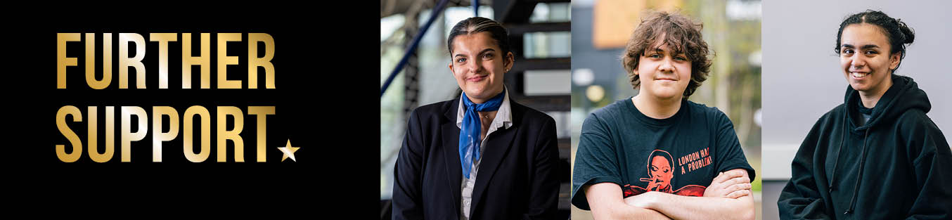 Image shows three College students smiling at the camera and includes the text: Latest News