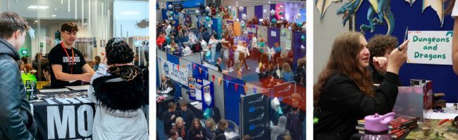 Three images: image 1 of staff member at stand talking to students; image 2 of aerial view of exhibition-style event; image 3 of student at event stall Three images: image 1 of staff member at stand talking to students; image 2 of aerial view of exhibition-style event; image 3 of student at event stall