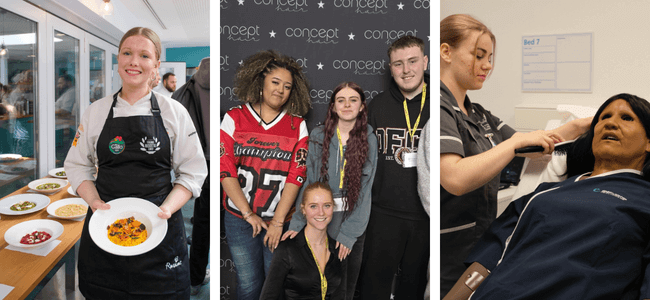 3 photos: first of catering student holding a risotto dish, second of 4 hairdressing students, third of a healthcare student with patient 3 photos: first of catering student holding a risotto dish, second of 4 hairdressing students, third of a healthcare student with patient