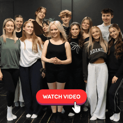 Students smiling at camera with an invitation to click to watch
