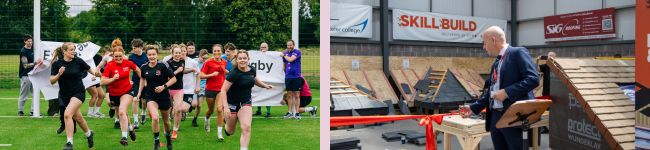 Two separate images: one of rugby centre opening and one of guest speaker at the new Construction Innovation Centre