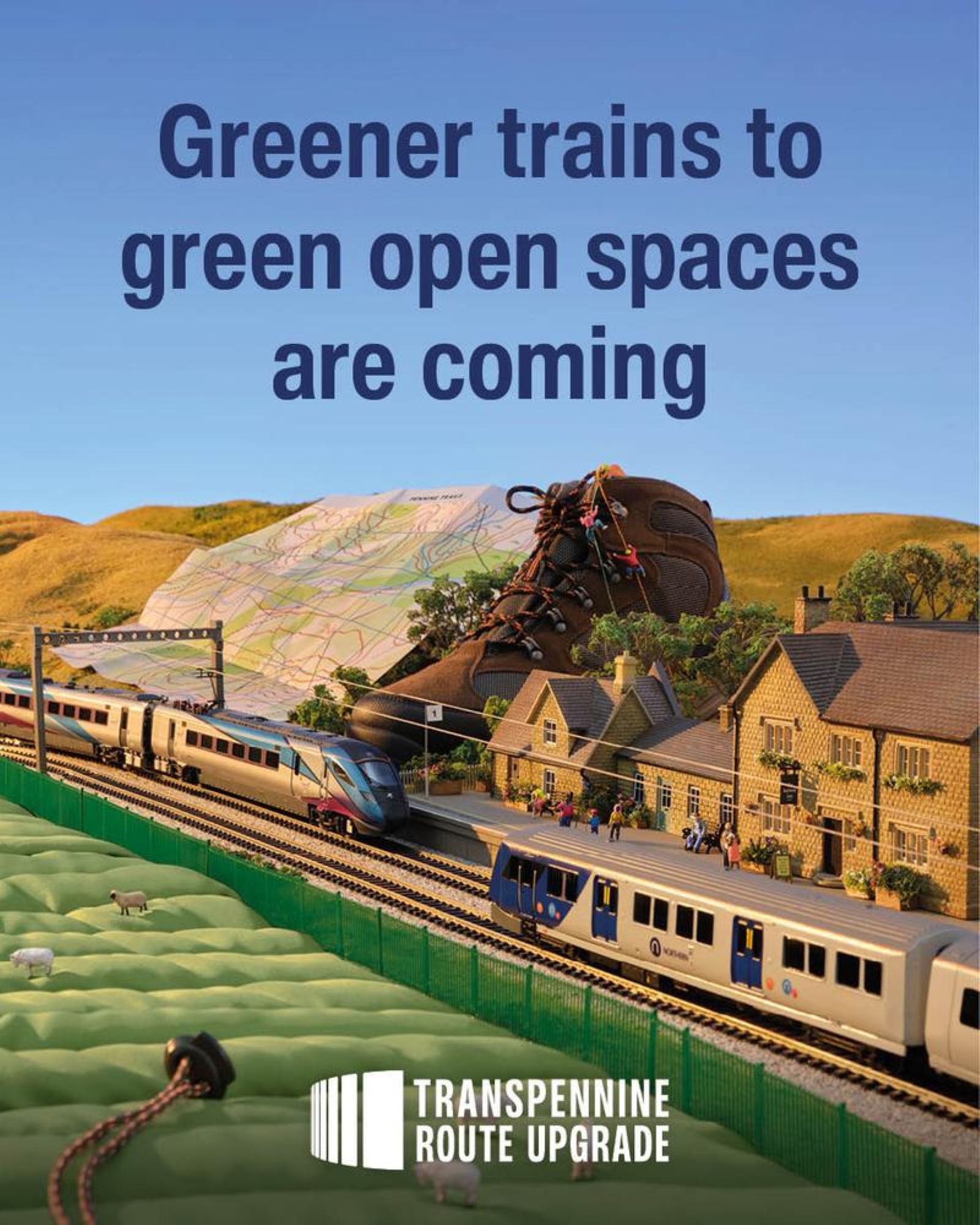 TRU poster with two trains and text saying greener trains to green open spaces are coming