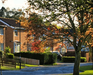 Residential street with red-brick homes, trees and gardens in a leafy neighbourhood.