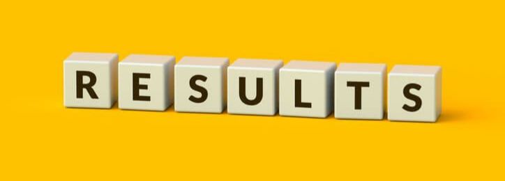 White letter blocks spelling “RESULTS” arranged in a row against a bright yellow background.