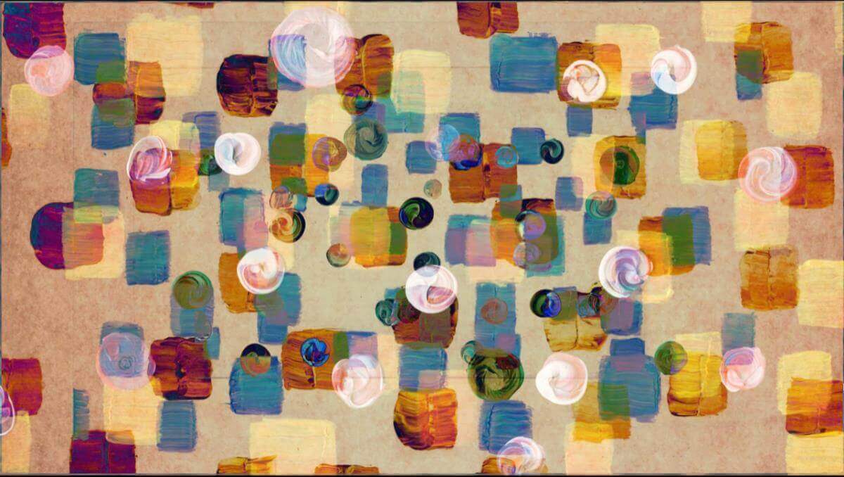 Abstract artwork from Tim Hopkins’ Four Quartets on Film, with layered translucent squares and circular shapes in blue, orange, yellow, pink and green on a textured beige background.