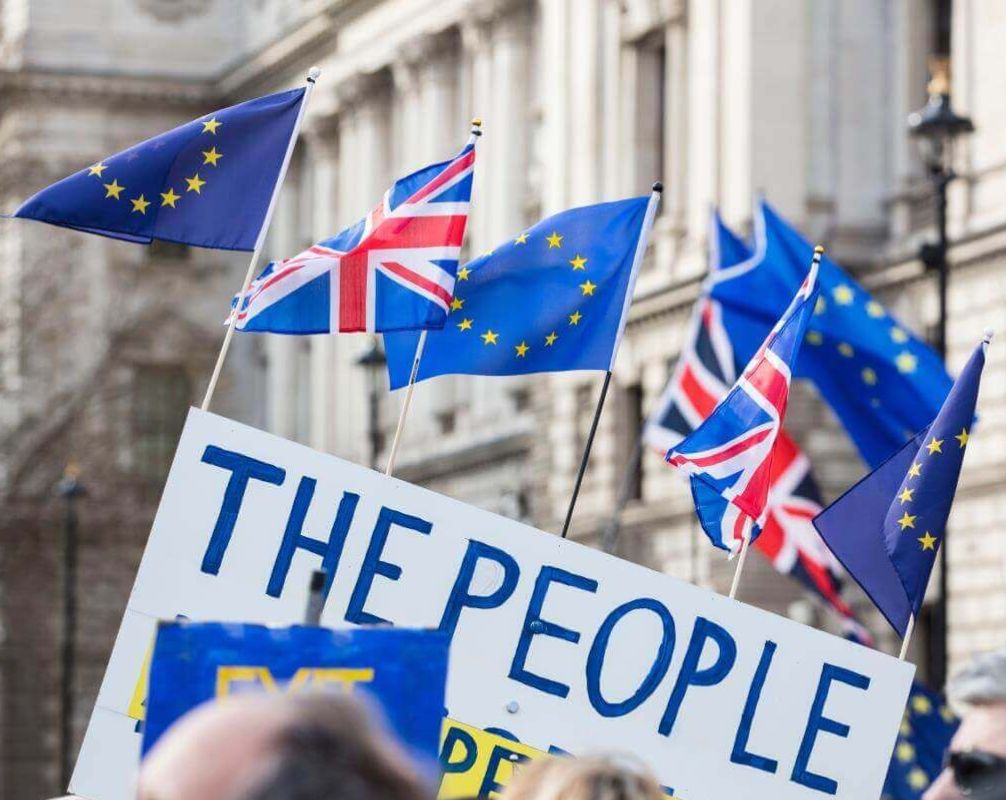 EU and Union flags wave above a crowd at a Brexit-related demonstration, with a placard reading “The People” visible in the foreground.
