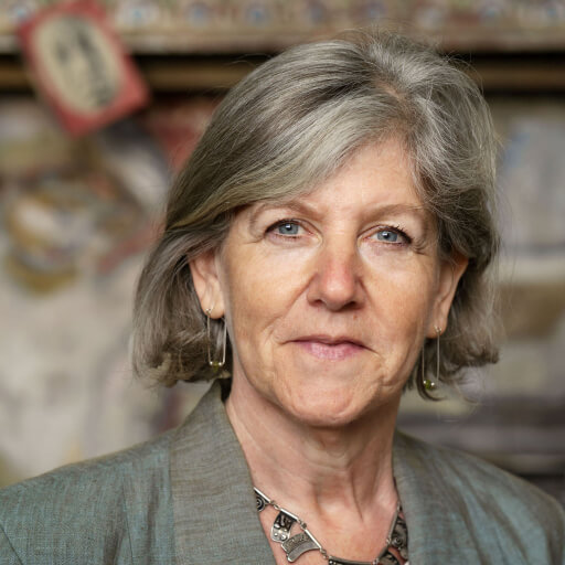 Portrait of Professor Ann Light wearing a grey-green jacket and necklace, looking at the camera, with a softly blurred interior background.