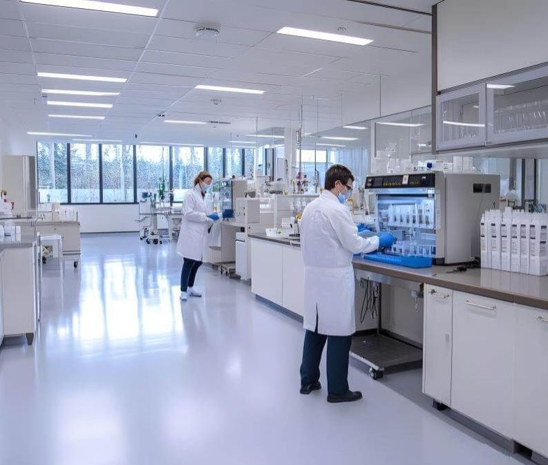 Two scientists in white lab coats work at benches in a bright pharmaceutical laboratory.