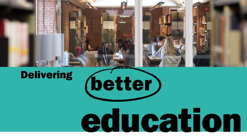 This is a subheader image. It shows people sitting at desks in the Library. Underneath the photo is a blue/green box with black text reading 'Delivering better education'. 