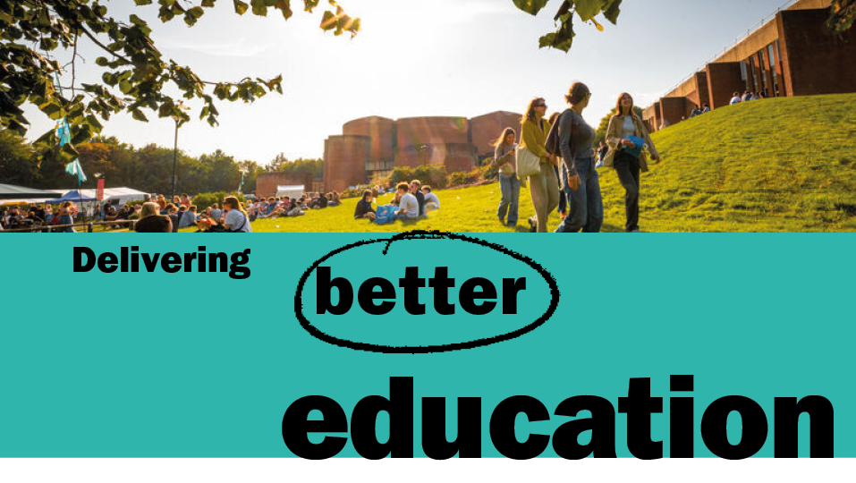 This is a section header. It shows a photograph of groups of students sitting on, and walking across, grass outside the ACCA and Library. Underneath reads 'Delivering better education' in black text on a green background. 