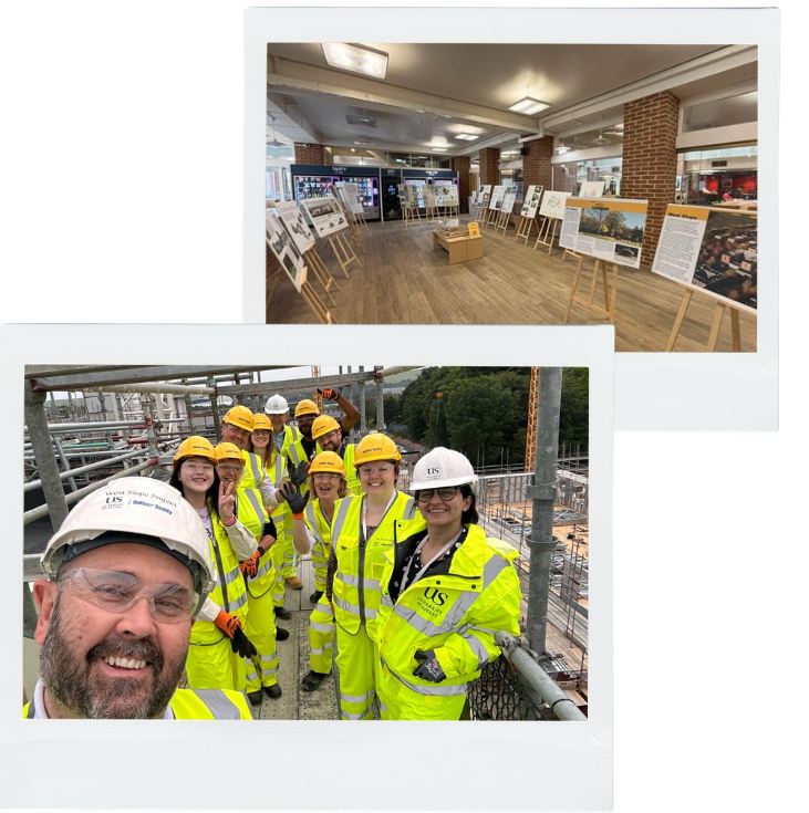 Two photos. One showing a group of smiling people in safety gear standing on some scaffolding. The other showing an exhibition of artist concepts.