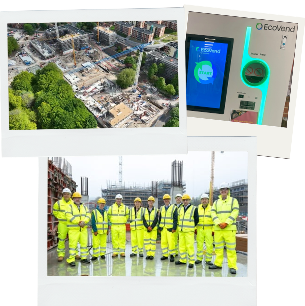 Three polaroid templates with photos in each one. One shows an aerial shot of West Slope, with trees surrounding a construction site. The second shows the new reverse vending machine. The third shows a group of 11 colleagues on a visit to a construction site. 