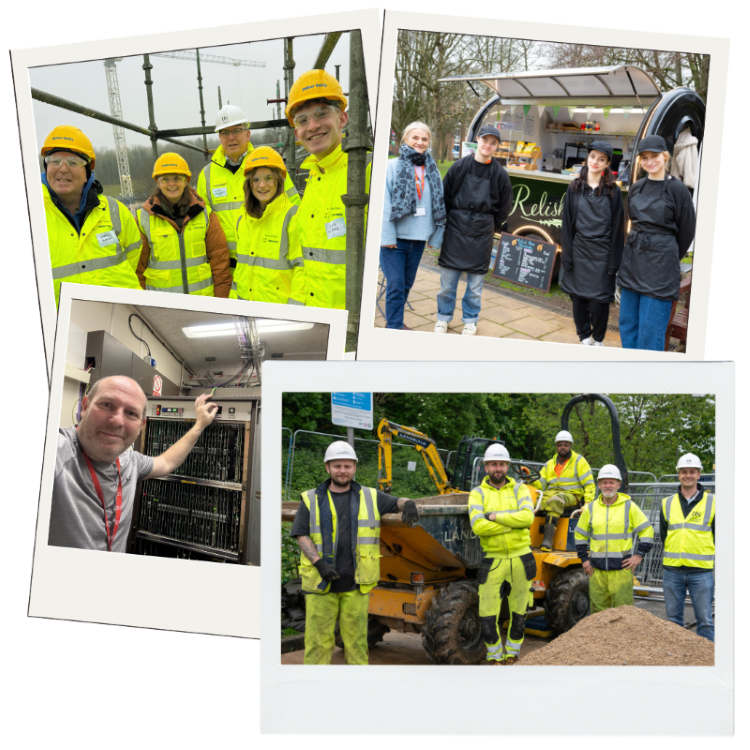 The image shows 4 polaroid templates. There is a different phot in each template. The top left shows 5 people on a construction site wearing hi-vis and hard hats smiling at the camera. The top right shows 4 people from the DSDT standing in front of the Relish bagel van. The bottom left shows a colleague turning off an old telephony system. The image in the bottom right shows 5 people in hi-vis and hard hats standing on a construction site, smiling at the camera. There is construction machinery behind them. 