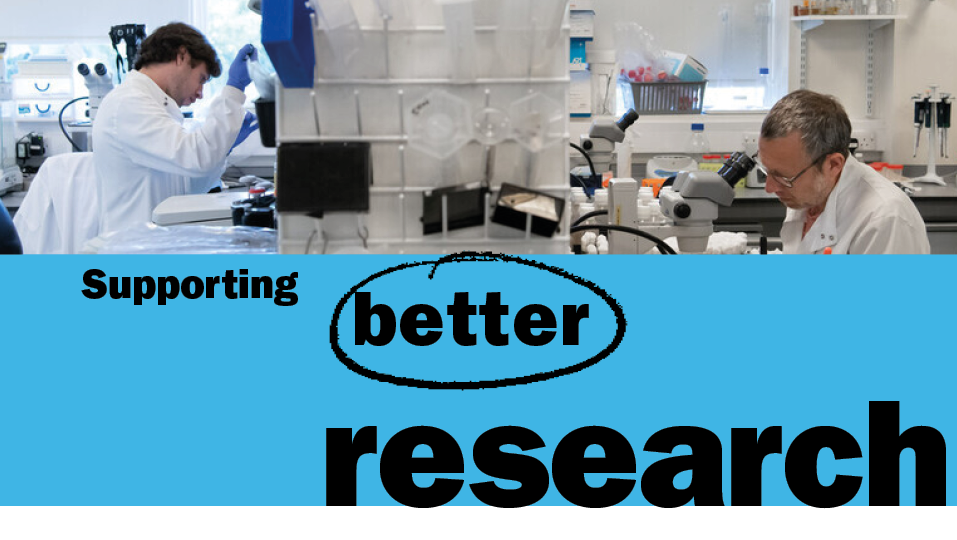 This is a section header image. It shows a photo of two people using equipment in a lab. Underneath is the text 'Supporting better research' on a blue background.