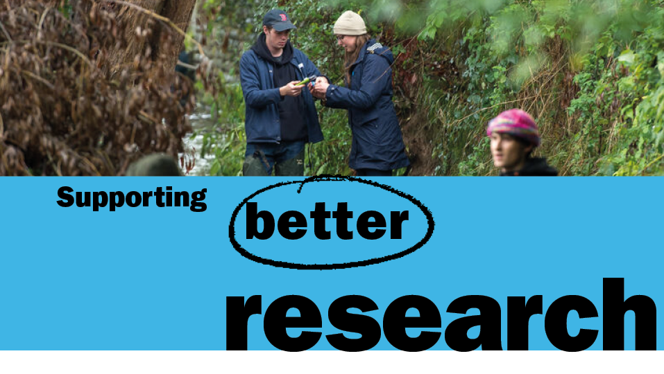 This is a section header. It shows a photograph of three people standing in woodland. Underneath reads 'Supporting better research' in black text on a blue background. 