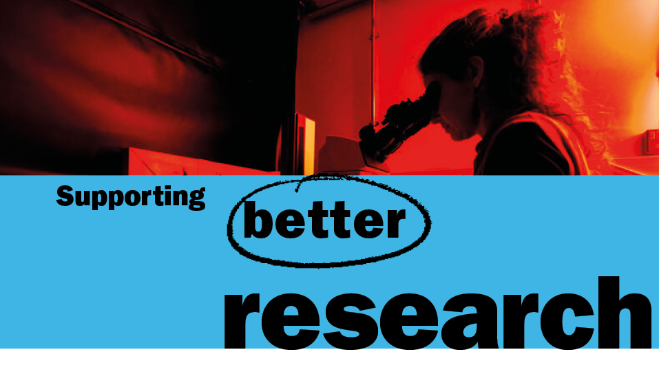 This is a header image. The top half of the image shows someone under red light looking through a microscope. The lower half of the image shows a blue text box with black text that reads 'Supporting better research'. 