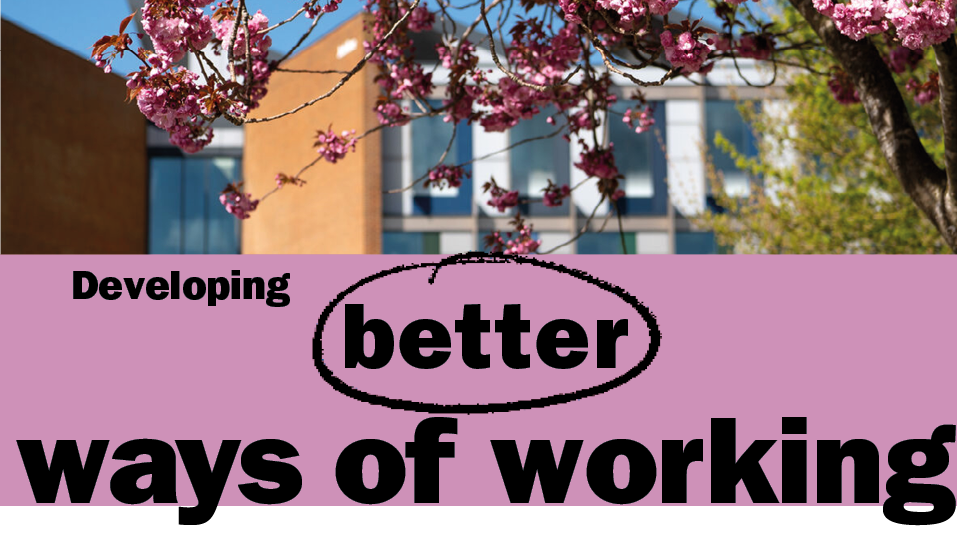This image features a purple text box with black text reading 'Developing better ways of working'. Above the text is a photo of pink cherry blossom - this is in focus, with an out of focus building in the background.